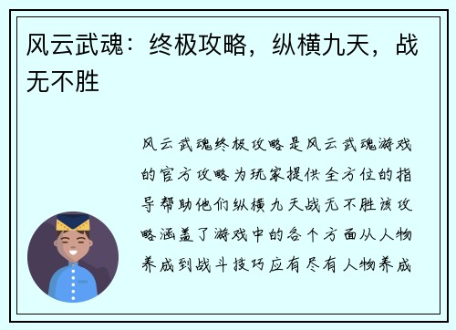 风云武魂:终极攻略,纵横九天,战无不胜